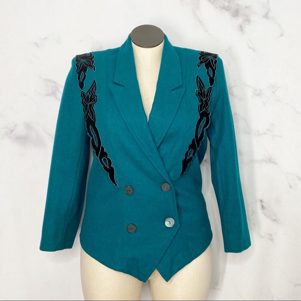 Vintage Double Breasted Blazer Teal Floral Appliqué 90s Prairie Western Size L - Picture 13 of 13